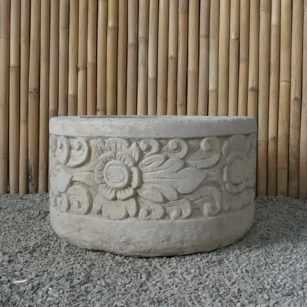 Product image 7 of the product “Balinese style tube round pot, with carving - 70cm Dia., 40 cm Height, Taro sand ”
